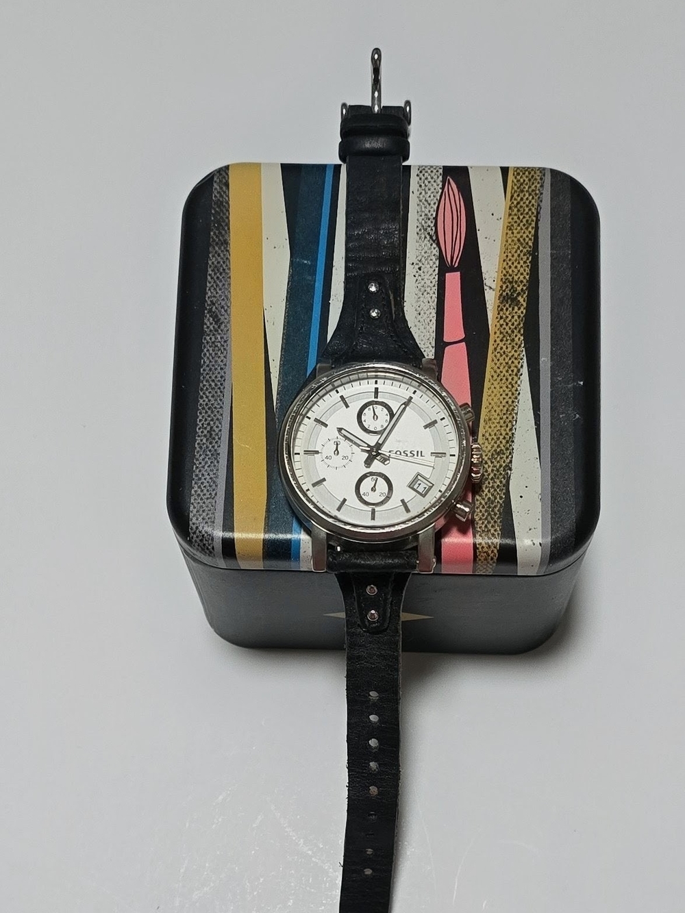 Fossil Black Leather Women’s Chronograph Watch with White Dial
